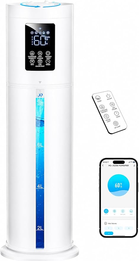 2.1Gal/8L Smart Humidifier Large Room, Top Fill Humidifiers for Bedroom with Diffuser, 7 Color Lights,16H Timer, Auto Mode, APP Remote Control, 4 Levels Cool Mist Air Humidifier for Plants Home
