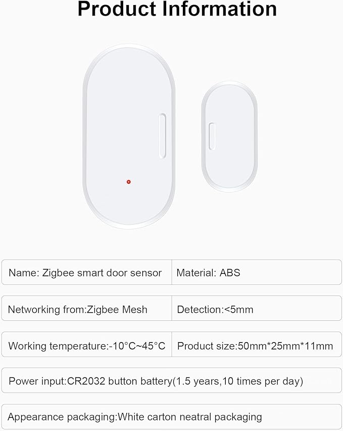 Haozee Door and Window Sensor, Requires Zigbee Hub, Zigbee Connection, Wireless Detector for Alarm Systems and Smart Homes, Compatible with Home Assistant Zigbee2mqtt