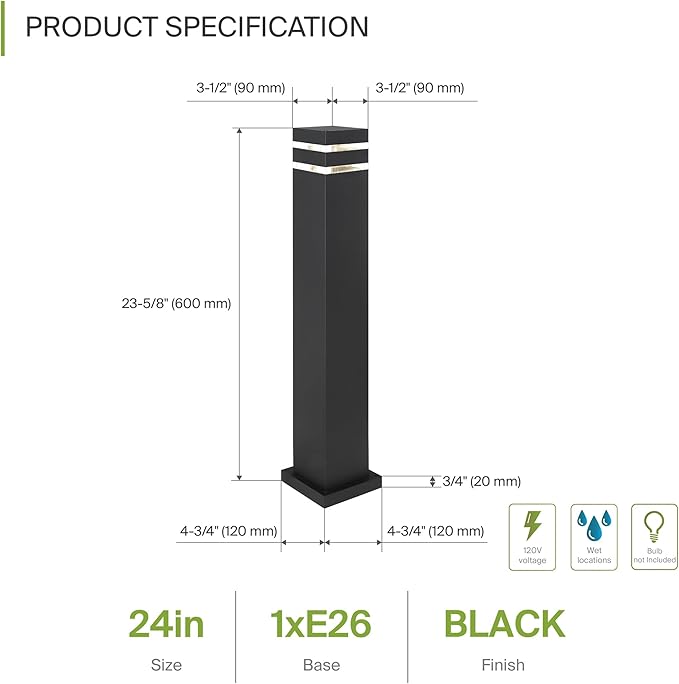 ASD 24" Square Bollard Light Fixture, Outdoor Pathway Floor Lamp | Antiglare, Waterproof, ETL Listed | 60W E26 Bulb Socket 120V | Landscape Hardwired Lighting, Exterior Post Lantern | Black