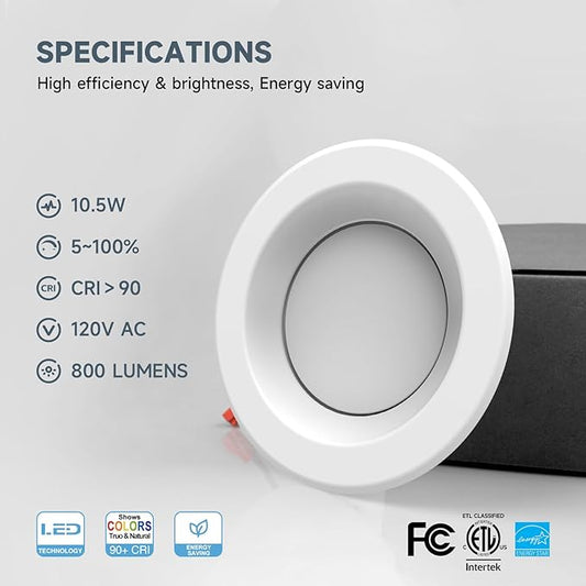 ECOELER 4 Inch 5CCT LED Retrofit Recessed Lighting, LED Dimmable Recessed Ceiling Lights, 10.5W 800Lm, 2700K-6000K Selectable Can Light, ETL & FCC Listed, White, 12 Pack