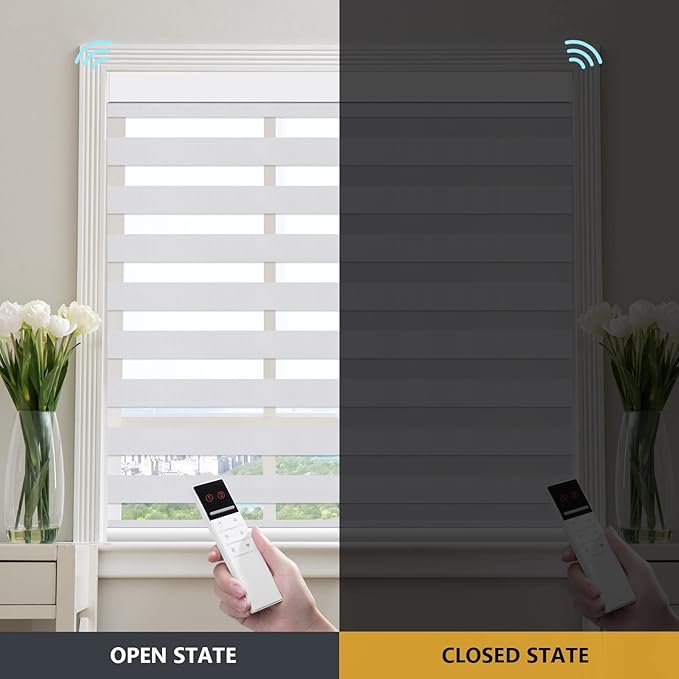 ZSTARR Motorized Blackout Window Blinds with Remote,Smart Zebra Mini Blinds Shades for Windows Control Wireless Roller Shades Blinds for Windows, Office,Home, Hotel, Club, 83002M Grayish White