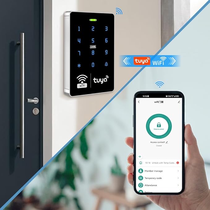 WiFi Access Control System Smart Tuya APP RFID Access Controller IP68 Waterproof 125KHz 13.56MHz Reader + Power Supply +10pcs Keyfobs (Without Lock)