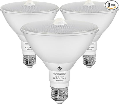 7117 Motion Sensor Light Bulbs, 16W (100Watt Equivalent), Motion Activated Dusk to Dawn Security LED Bulb, PAR38 Flood Light E26 5500K Daylight, for Indoor and Outdoor Lighting, 3Pack
