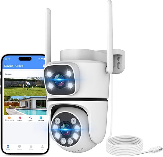 OHWOAI Dual View Wireless Outdoor Security Camera, 2.4G/5G WiFi PTZ Surveillance Cameras with Color Night Vision for Home Security