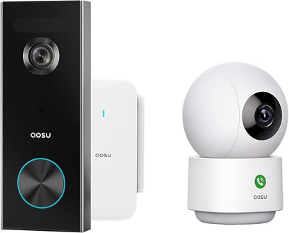 AOSU 2K Doorbell Camera Wireless Bundle 360-Degree 2K Security Camera Indoor, Home Wireless Security System Compatible with Alexa and Google Assistant, 24/7 Secure Your Home Inside and Out
