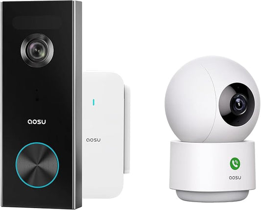 AOSU 2K Doorbell Camera Wireless Bundle 360-Degree 2K Security Camera Indoor, Home Wireless Security System Compatible with Alexa and Google Assistant, 24/7 Secure Your Home Inside and Out