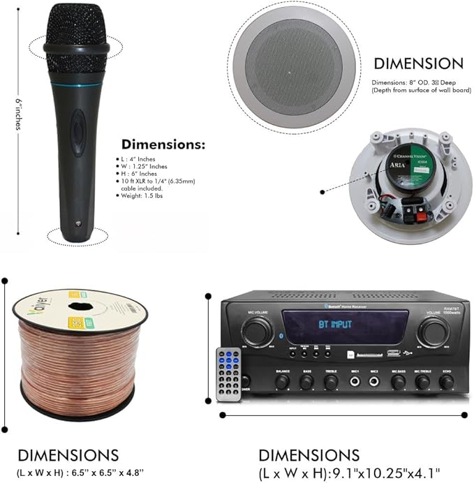 Home Theater System Kit 1000 Watts Bluetooth Receiver w/ 6 Qty 5.25" 175 Watts Each in-Wall in-Ceiling Speakers & 16 Gauge 250 ft. Speaker Wire Portable Microphone w/Remote Control by Technical Pro