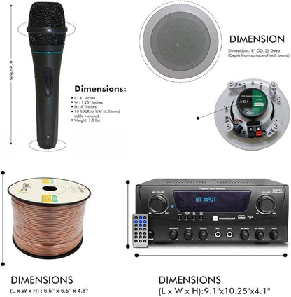 Home Theater System Kit 1000 Watts Bluetooth Receiver w/ 6 Qty 5.25" 175 Watts Each in-Wall in-Ceiling Speakers & 16 Gauge 250 ft. Speaker Wire Portable Microphone w/Remote Control by Technical Pro