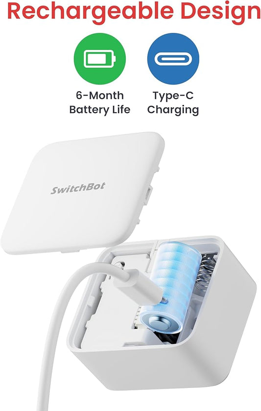 SwitchBot Rechargeable Smart Switch Button Pusher (Bluetooth) – Fingerbot for Rocker/One-Way Buttons, App Timer Control, No Wiring, Optional Hub for Voice/Remote, White