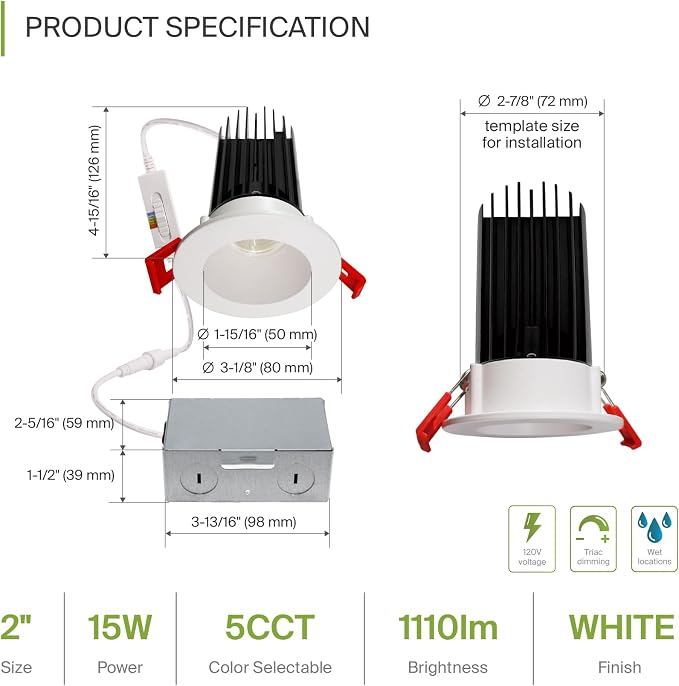 ASD 2 Inch LED Recessed Lighting with Junction Box, 15W 1100 Lumens, Dimmable Anti-Glare Downlight, 2700K/3000K/3500K/4000K/5000K Selectable, CRI 90+, Round White Trim, IC Rated, ETL, Energy Star