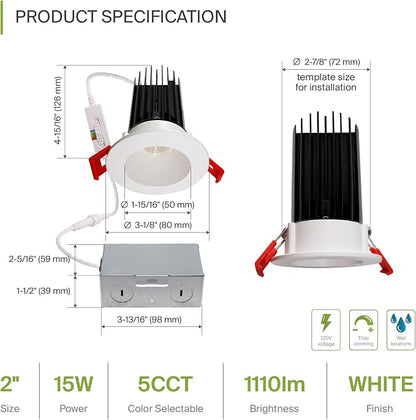 ASD 2 Inch LED Recessed Lighting with Junction Box, 15W 1100 Lumens, Dimmable Anti-Glare Downlight, 2700K/3000K/3500K/4000K/5000K Selectable, CRI 90+, Round White Trim, IC Rated, ETL, Energy Star