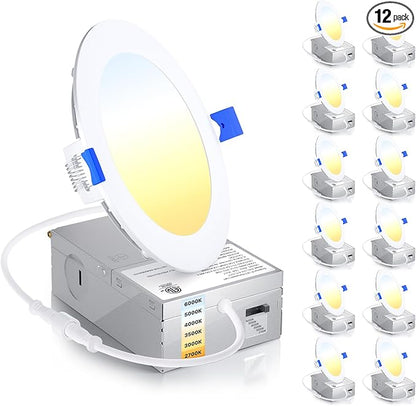 Ensenior 12 Pack 4 Inch LED Recessed Ceiling Light, Dimmable, 2700K-6000K 6CCT, 750LM 9W 120V, High Brightness Canless Wafer Downlight - ETL&FCC&IC