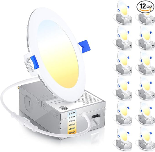 Ensenior 12 Pack 4 Inch LED Recessed Ceiling Light, Dimmable, 2700K-6000K 6CCT, 750LM 9W 120V, High Brightness Canless Wafer Downlight - ETL&FCC&IC