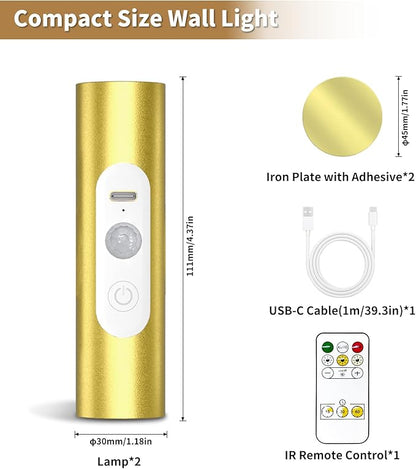 WOBSION Motion Sensor Wall Light with Remote Control, Rechargeable Wireless Wall Sconce, Brightness Adjustable, 3 Color Mode,Indoor Lamp for Hallway, Bedroom,Picture,LED,Gold,2 Pack