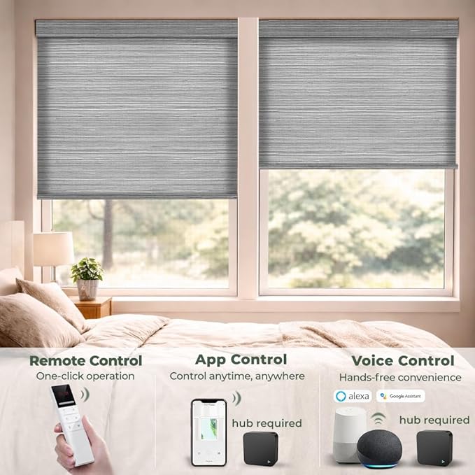 ZSHINE Motorized Linen-Look Roller Shades for Windows, Rechargeable Smart Light Filtering Blinds Compatible with Alexa (82190D)
