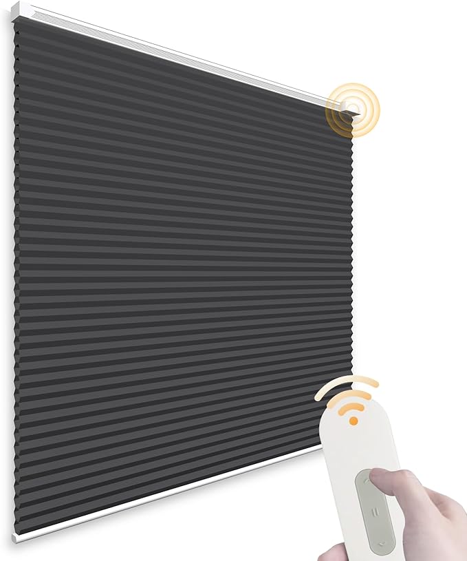 Motorized Cellular Shades Cordless Light Filtering Rechargeable Window Curtains with Remote for Privacy Protection Smart Home Electric Automatic Honeycomb Blinds for Windows, 40" x 48", Black
