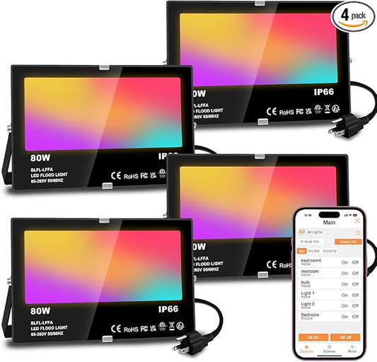 LED Flood Light Outdoor 80W, 800W Equivalent Smart RGB Landscape Lighting | APP Control -DIY Scenes -Timing - Warm White 2700K -Color Changing Uplight, 8000LM IP66, US Plug, Stage Uplight MELPO(4 Pack)