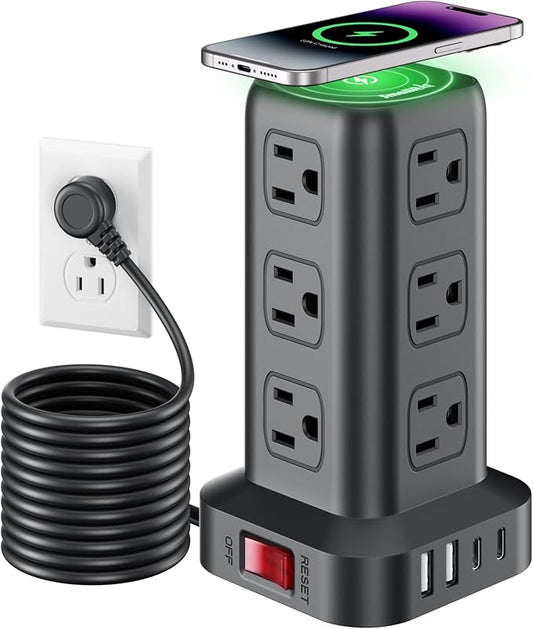 Extension Cord with Multiple Outlets, SMALLRT Power Strip Tower, 10FT Outlet Extender with 12 AC Outlets 4 USB, Power Strip with USB Ports for Home Office Dorm Room,Overload Protection