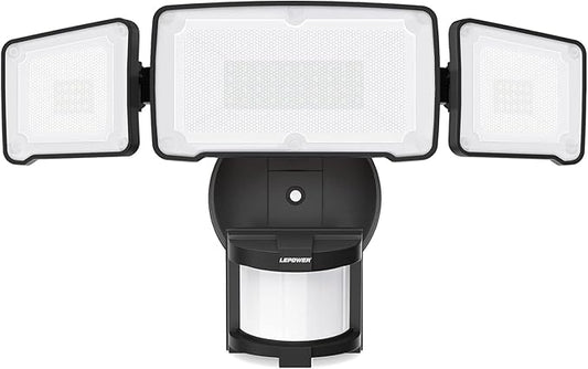 LEPOWER LED Motion Sensor Security Lights, 3 Head Motion Detected, 38W, 4200LM, Waterproof IP65, 5500K, Full Metal for Outdoor, Garage, Porch, Yard (Black)