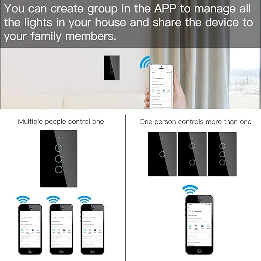 MOES Touch Wall Single Live Wire Smart Switch，No Neutral Wire Needed, 2.4GHz WiFi RF433 Light Switch Works with Smart Life/Tuya App, Alexa and Google Home, Single Pole 110V, Black 3 Gang