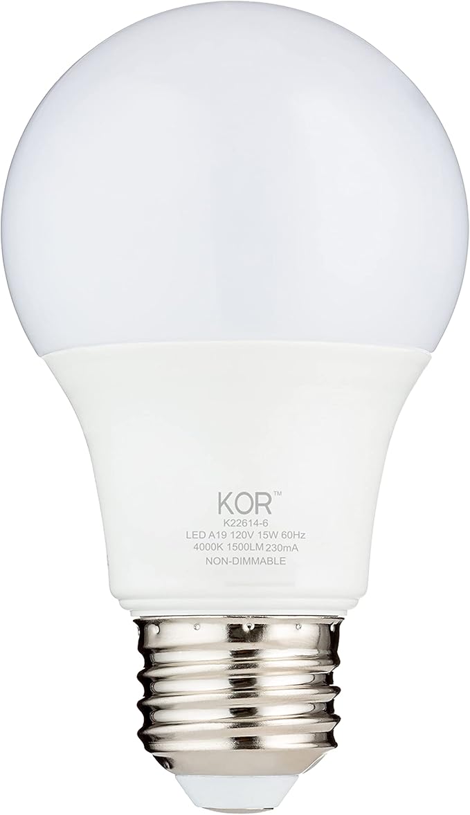 KOR 6 Pack A19 LED Light Bulb, 100W Equivalent, 4000K Cool White, 1500 Lumens, Efficient 15 Watt Replacement Bulbs with E26 Standard Base, 10000 Long Life Hours, Non-Dimmable, 80+ CRI, UL Listed