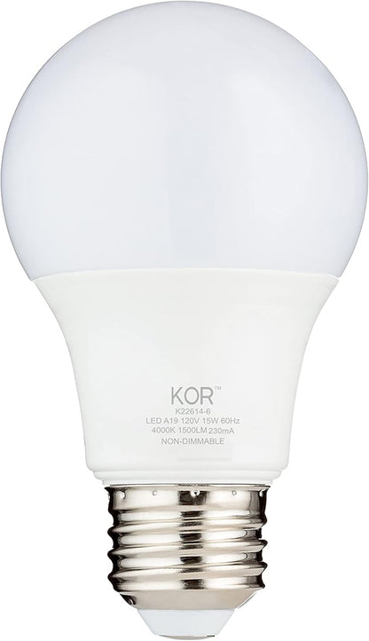 KOR 6 Pack A19 LED Light Bulb, 100W Equivalent, 4000K Cool White, 1500 Lumens, Efficient 15 Watt Replacement Bulbs with E26 Standard Base, 10000 Long Life Hours, Non-Dimmable, 80+ CRI, UL Listed