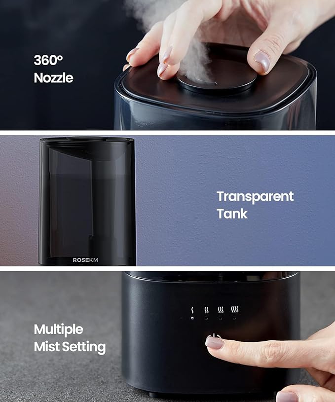 ROSEKM Humidifiers for Bedroom (1.1L), Small Cool Mist Humidifier for Home Plant and Baby Nursery, Quiet Ultrasonic Humidifier with 360° Nozzle, Auto Shut-Off, Filterless, Black