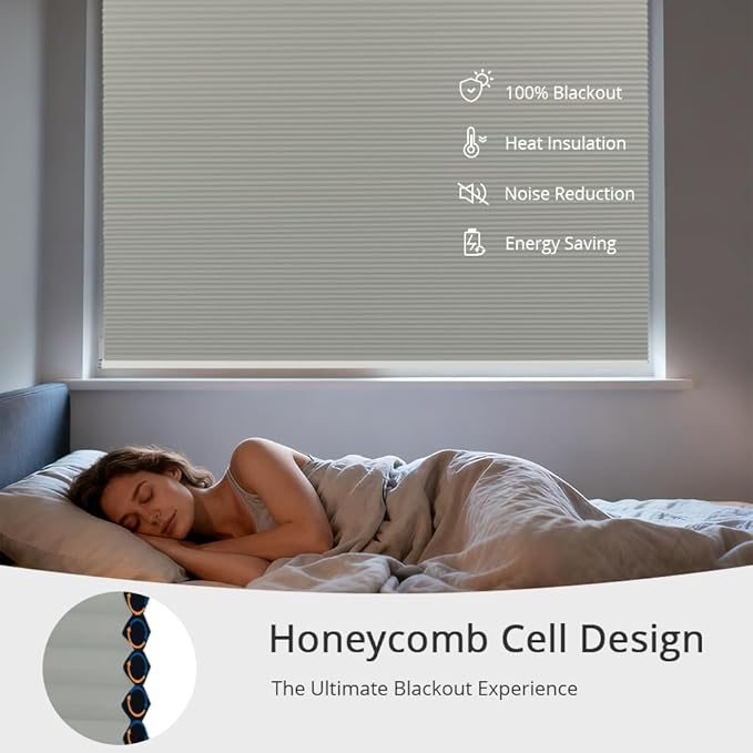 Motorized Cellular Shades with Remote Blackout Honeycomb Smart Blinds Options for Indoor Windows, Remote/Alexa/Matter Compatible, Easy DIY Installation (Silver Gray)