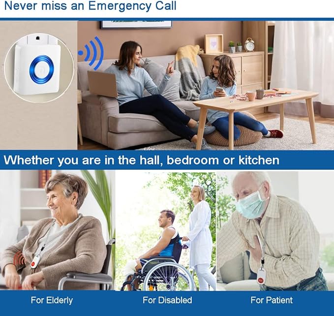 Caregiver Pager Wireless Call Button Nurse Alert System for Home/Elderly/Patient/Disabled One Call Button One Receiver