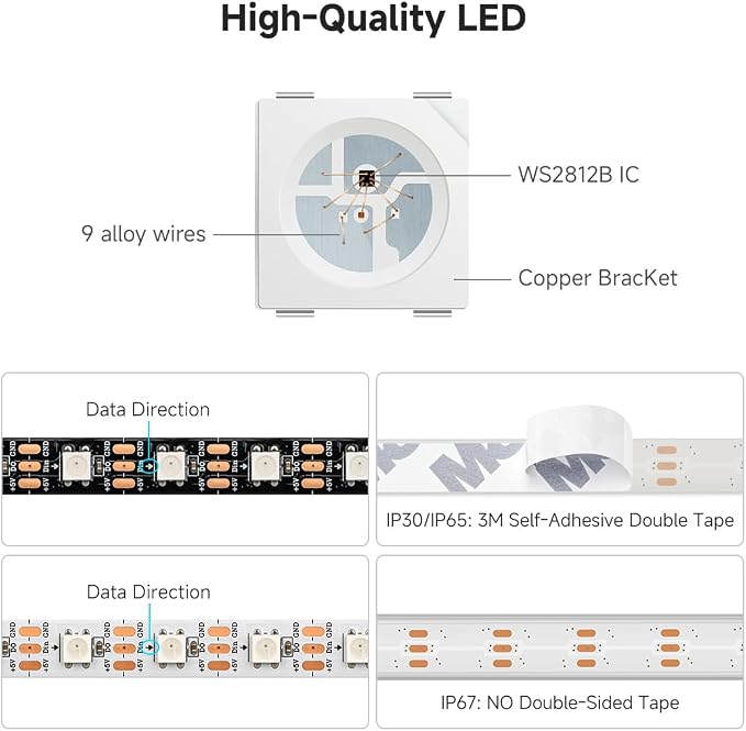 BTF-LIGHTING WS2812B ECO RGB LED Strip,UL Listed,Individually Addressable,16.4FT 60LED/m 300Pixel DC5V 5050SMD,Alloy Wire Flexible 3M Tape for DIY Chasing Color Project IP30(No Adapter or Controller)