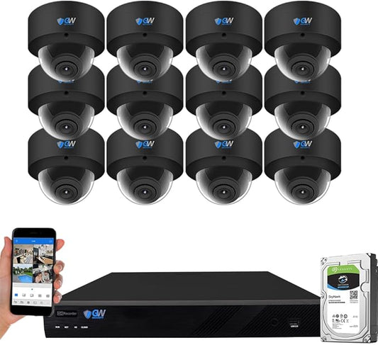 GW Security 16 Channel 12MP NVR UltraHD 4K Smart AI Human/Vehicle/Face Recognition AcuSearch PoE Security Camera System with 12 x 8MP Waterproof Mic 135° Wide Angle Outdoor Indoor Dome Cameras (Black)