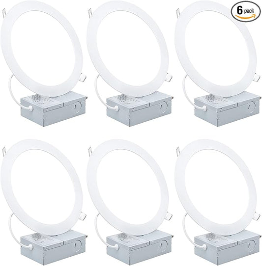 ESBAYBULBS 7" Ultra-Thin LED Recessed Ceiling Light with Junction Box, 6000K Cool White 18W LED Panel Can Light 1500LM High Brightness Easy Installation (6 Pack)