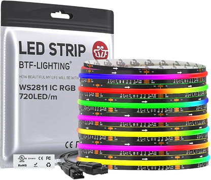 BTF-LIGHTING 24FT WS2811 Smart IC RGB DC24V FCOB COB LED Strip Light | UL Listed 720LEDs/m High Density Color Chasing Light 12mm Width Black PCB for Home DIY Lighting(No Adapter or Controller)