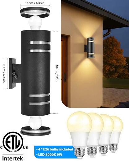 KIZON Dusk to Dawn Outdoor Lighting 2 Pack, Modern Outdoor Wall Lights Black Exterior Lighting Fixtures with LED Bulbs Included, Cylinder Outdoor Sconce Lights for House Porch, ETL Listed