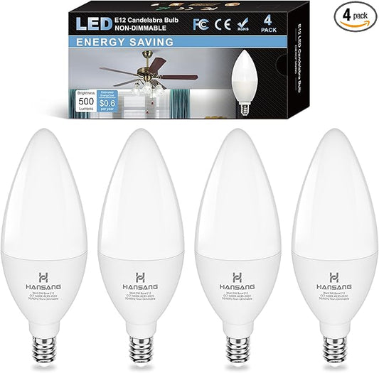 E12 LED Light Bulbs 5000K Bright Daylight, 60W Type B Light Bulb, Small Candelabra Base B11 LED Bulb for Chandelier, Ceiling Fan Light Bulbs, 5W, 500LM, 120V, 4 Pack, Non-dimmable