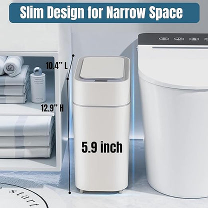 LALASTAR 2 Pack Automatic Trash Can Bathroom, Touchless Garbage Can with Lid, Slim Motion Sensor Waterproof Plastic Trash Bins for Bedroom Office Toilet, 2.3 Gallon, White+Grey Trim