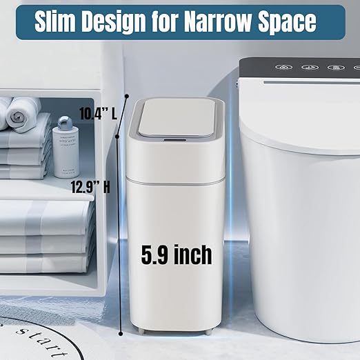 LALASTAR 2 Pack Automatic Trash Can Bathroom, Touchless Garbage Can with Lid, Slim Motion Sensor Waterproof Plastic Trash Bins for Bedroom Office Toilet, 2.3 Gallon, White+Grey Trim