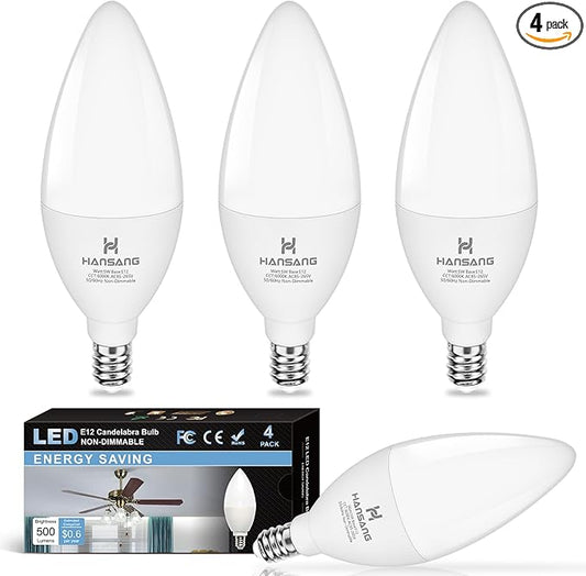 Candelabra LED Bulbs,60 Watt Equivalent,6000K Cool Daylight,Type B Light Bulb,Pack of 4,E12 Small Base,Decorative Chandelier Bulb,Non-Dimmable
