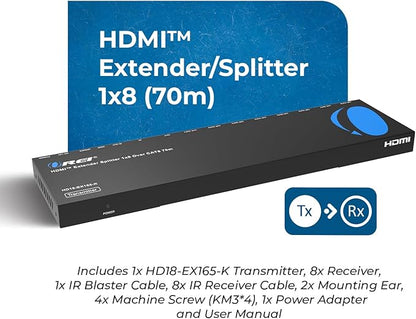 OREI 4K 1x8 HDMI Extender Splitter Multiple Over CAT 6/7 Cable with EDID management - 4K@30Hz upto 165ft and 1080p@60Hz upto 230ft- Loop Out