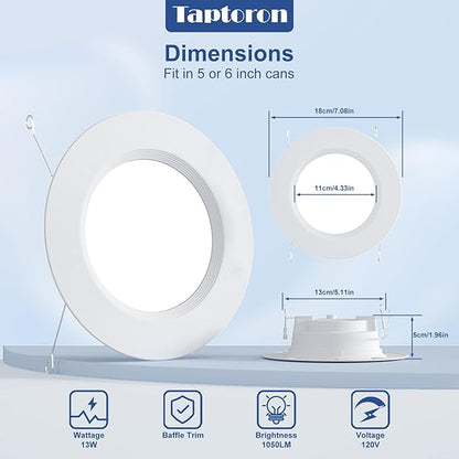 Recessed Lighting 5/6 Inch Color Changing LED Can Lights for Ceiling, 13W 1050LM Retrofit Recessed Lights with Baffle Trim, RGBCW Downlight Dimmable by Remote Control, Memory, Delayed Off, 12 Pack