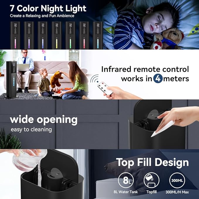 2.1Gal(8L) Humidifiers Large Room Bedroom Up to 550ft² Coverage, Quiet Ultrasonic Cool Mist Humidifier with Night Light, 3 Speeds, Adjustable Humidity, 12H Timer, Aroma Tray for Home Plants Baby