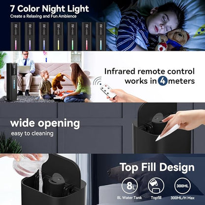 2.1Gal(8L) Humidifiers Large Room Bedroom Up to 550ft² Coverage, Quiet Ultrasonic Cool Mist Humidifier with Night Light, 3 Speeds, Adjustable Humidity, 12H Timer, Aroma Tray for Home Plants Baby