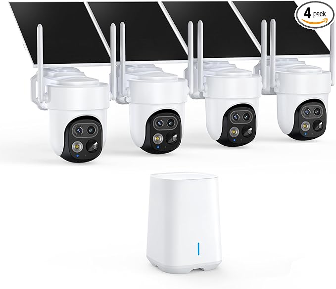 4K Dual-Lens Outdoor Wireless WiFi Security Camera System for Home, No Subscription Required, Solar Powered, 4-Cam Kit, 360° Pan & Tilt, Auto Tracking, Color Night Vision, Easy Setup