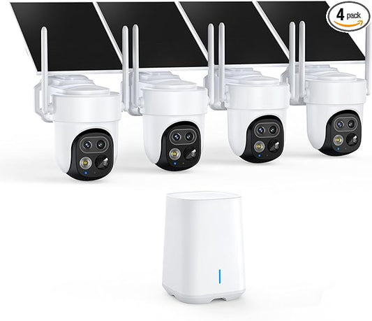 4K Dual-Lens Outdoor Wireless WiFi Security Camera System for Home, No Subscription Required, Solar Powered, 4-Cam Kit, 360° Pan & Tilt, Auto Tracking, Color Night Vision, Easy Setup