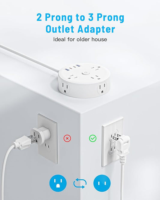 15FT 2 Prong Power Strip, Yozisital 2 Prong to 3 Prong Outlet Adapter, Flat Extension Cord, Surge Protector with Rotating Plug, 6 Outlets 4 USB(2 USB C), Wall Mount, Ideal for Non-Grounded Outlets