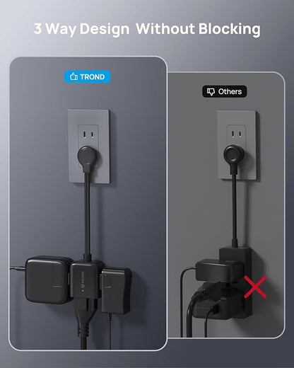 TROND Polarized 2 Prong to 3 Prong Outlet Adapter with 6 Inch Cord, Small 3 Way Outlet Extender No Blocking, Two Prong Flat Plug for Non-Ground Socket in Old Home Office Hotel Behind Furniture, Black