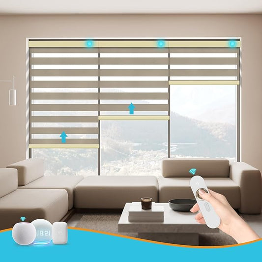 Motorized Zebra Blinds with Remote Smart Blind Work with Homekit Alexa SmartThings Electric Day and Night Shade Cordless Automatic Solar Powered Window Shade Customize(Starry Coffee)