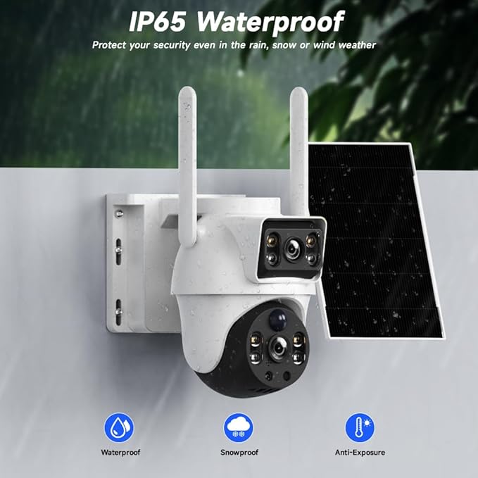XIAOVV WiFi Security Camera, 4K Solar Dual-Eye Outdoor Wireless 360° PTZ WiFi Camera with Dual-Lens, Cloud Storage, SD Card Support up to 128GB, White, Wall Mount