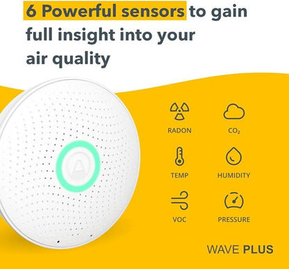 Airthings 2930 Wave Plus - Radon & Air Quality Monitor, Battery Powered (CO2, VOC, Humidity, Temp, Pressure)
