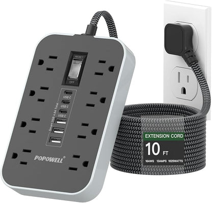 10 FT Extension Cord- Power Strip Surge Protector with 8 AC Outlet& 6 USB Ports(3 USB C) Charging Block, Ultra Thin Flat Extension Cord 10 Feet Wall Amount for Home, Office, Dorm Essentials.
